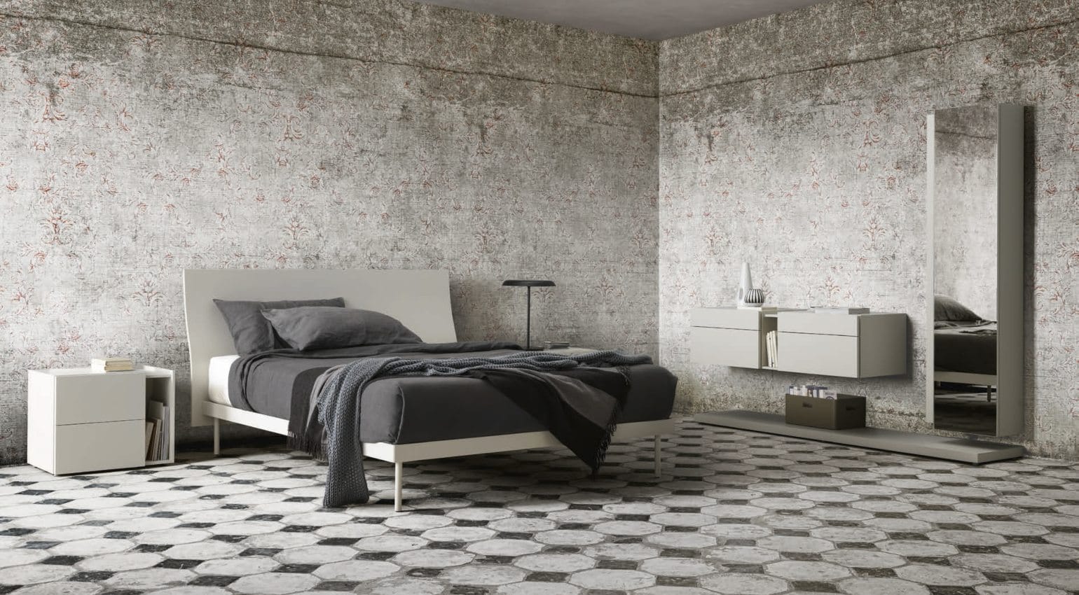 Elegante y refinada cama de diseño italiano con cabecera curvada en forma de S