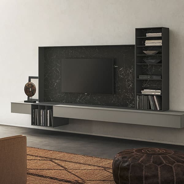 Sofisticado y contemporáneo marco para televisión de acabado Kera junto a una estantería negra de siete compartimentos abiertos