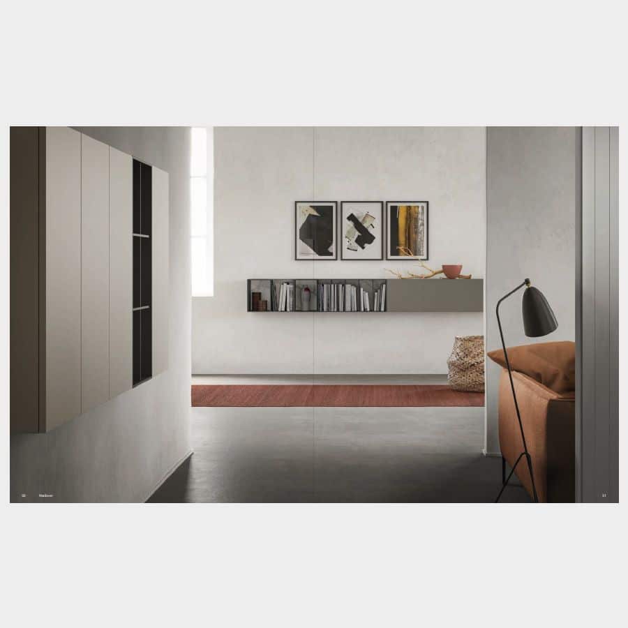 Decoración de pared con estantería de diseño italiano horizontal con compartimentos derechos abiertos y acabado Kera color Invisible White