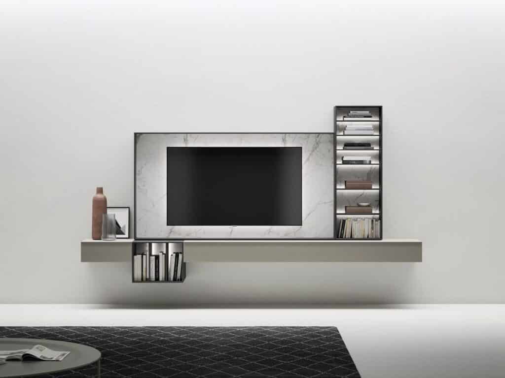 Mueble para TV minimalista suspendido en pared y compuesto por marco, cajoneras y estanterías