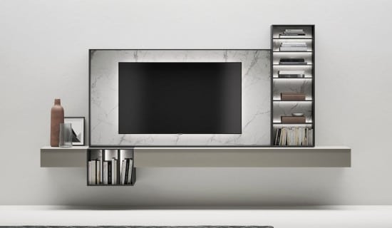 Un salón de diseño minimalista con muebles para TV